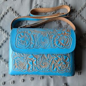 SOLD! Real Genuine Tooled Leather Crossbody Purse in Blue